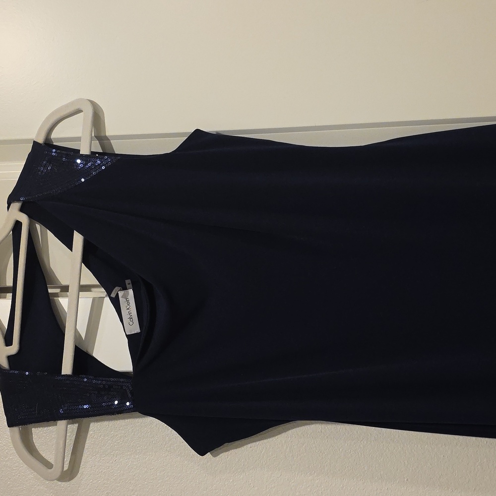 Calvin Klein Navy One Shoulder Dress with Sequin Accents